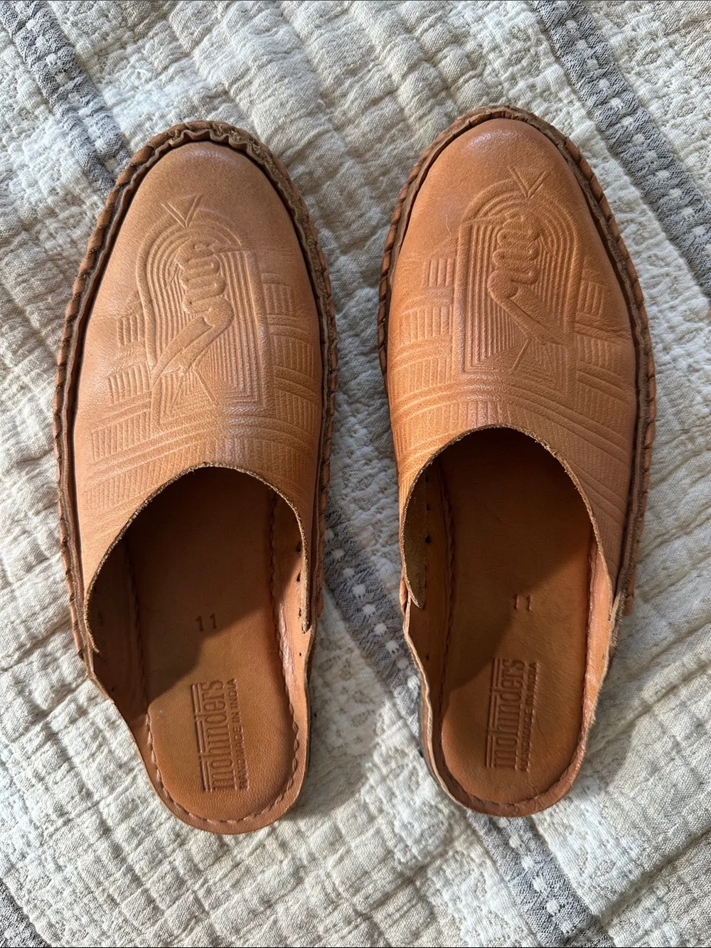 Hand-Tooled Leather Espadrille Mules in Tan
